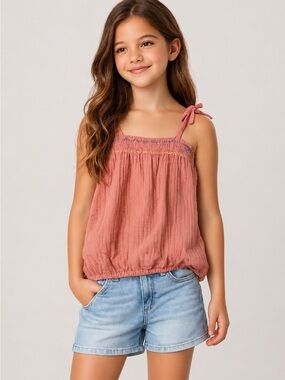 The Sunday Collective Embroidered Smocked Tie-Shoulder Tank Top